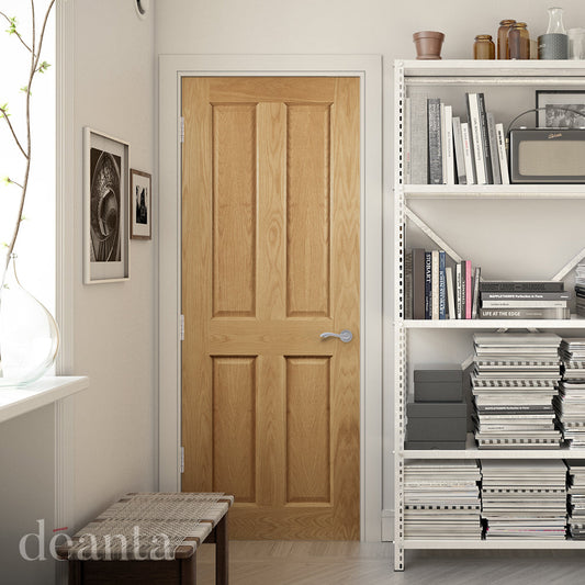 Deanta Internal Oak Bury 4 Panel Fire Rated Door FD30 Fully Finished