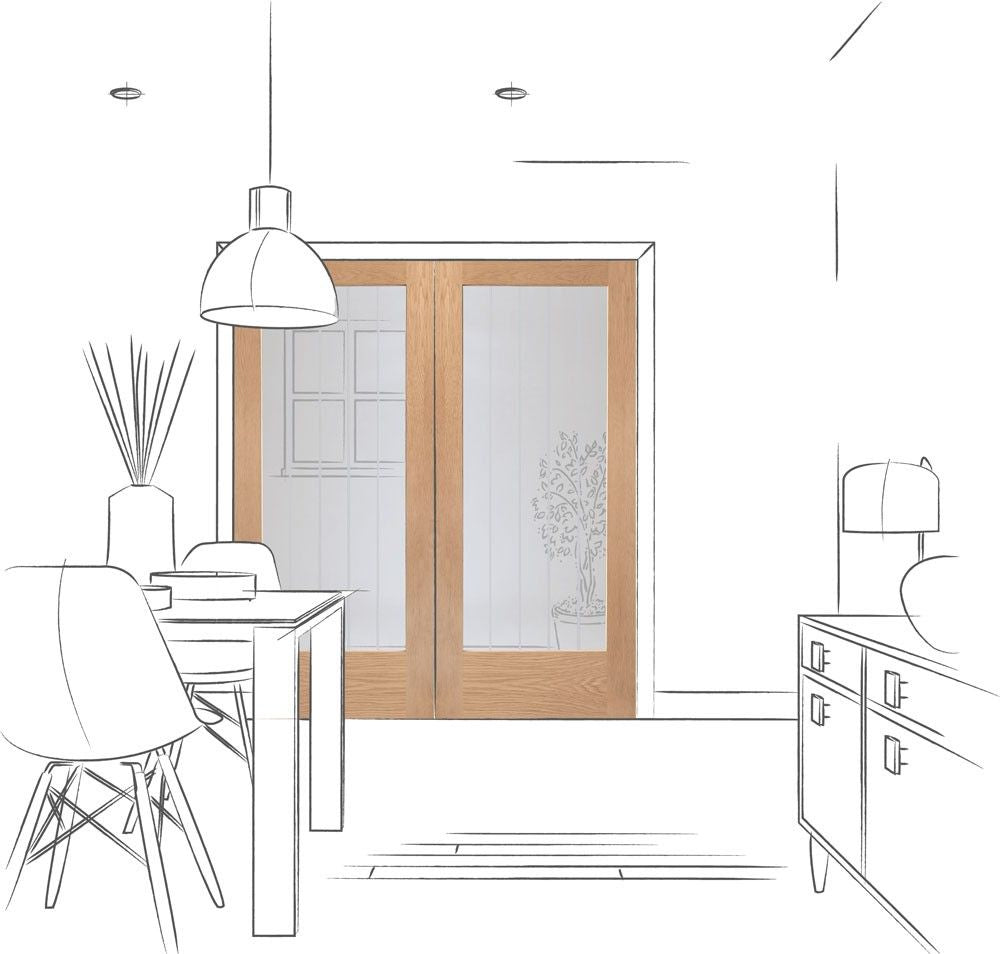 Internal Oak Suffolk Rebated Pair Of Doors With Clear Etched Glass